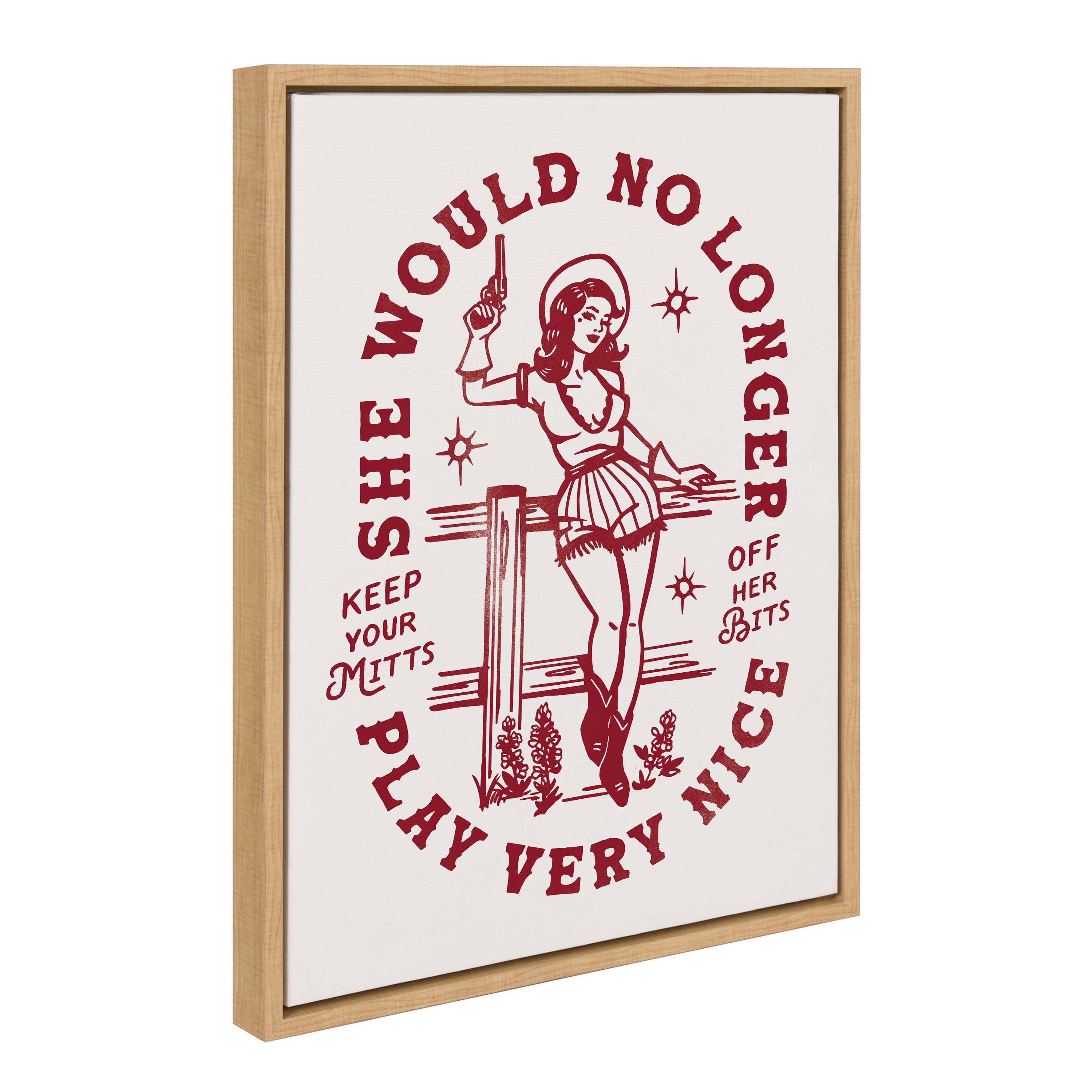 Sylvie Mitts Off western cowgirl framed canvas artwork showing a playful cowgirl portrait in a modern floating frame.