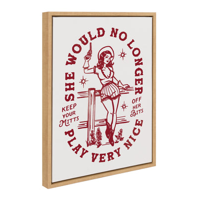 Sylvie Mitts Off western cowgirl framed canvas artwork showing a playful cowgirl portrait in a modern floating frame.