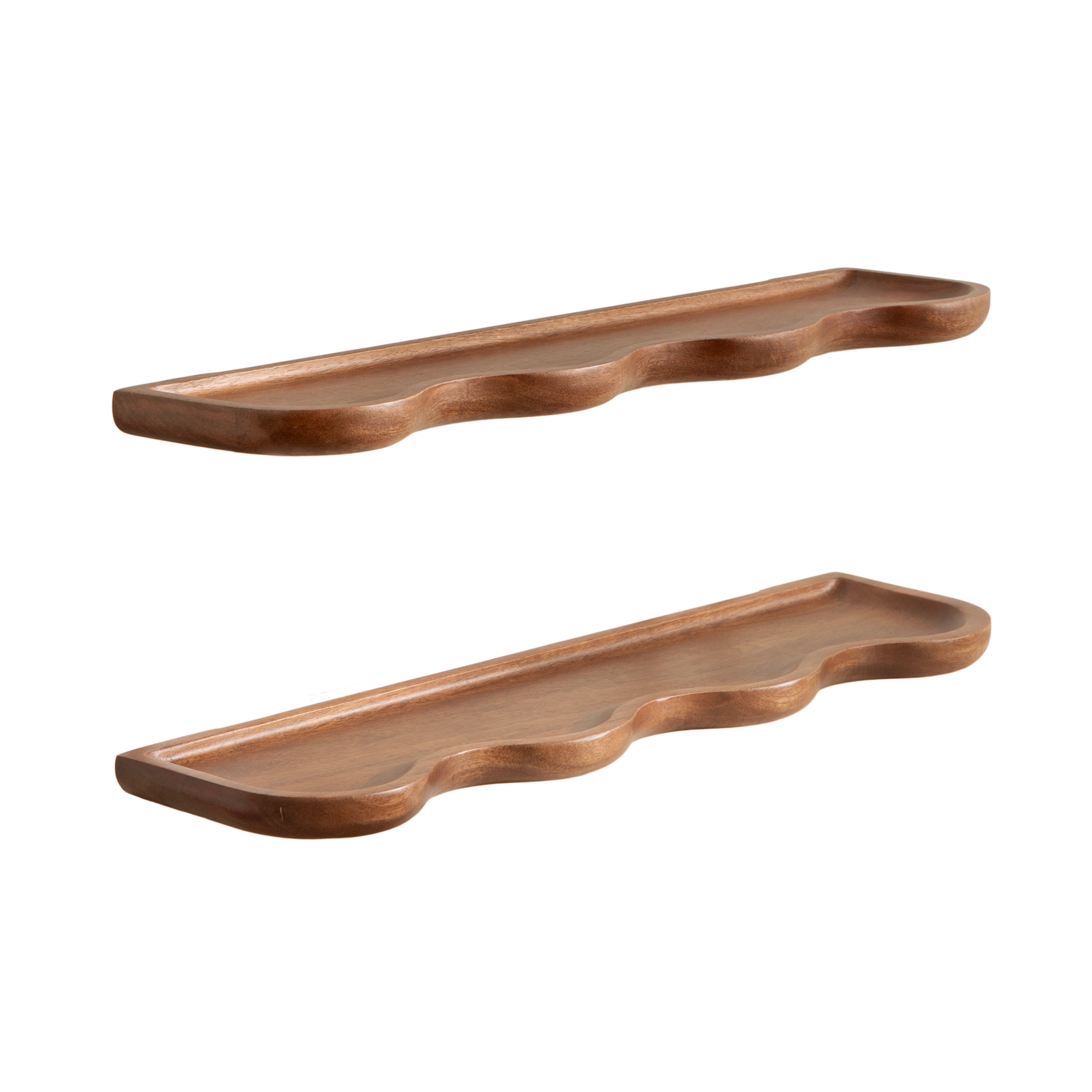 Two solid mango wood Alezar floating shelves mounted on a white wall holding decorative items