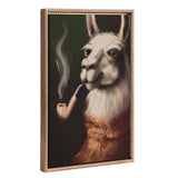 Framed canvas art showing a whimsical beaded alpaca portrait smoking a pipe in a gold vintage frame