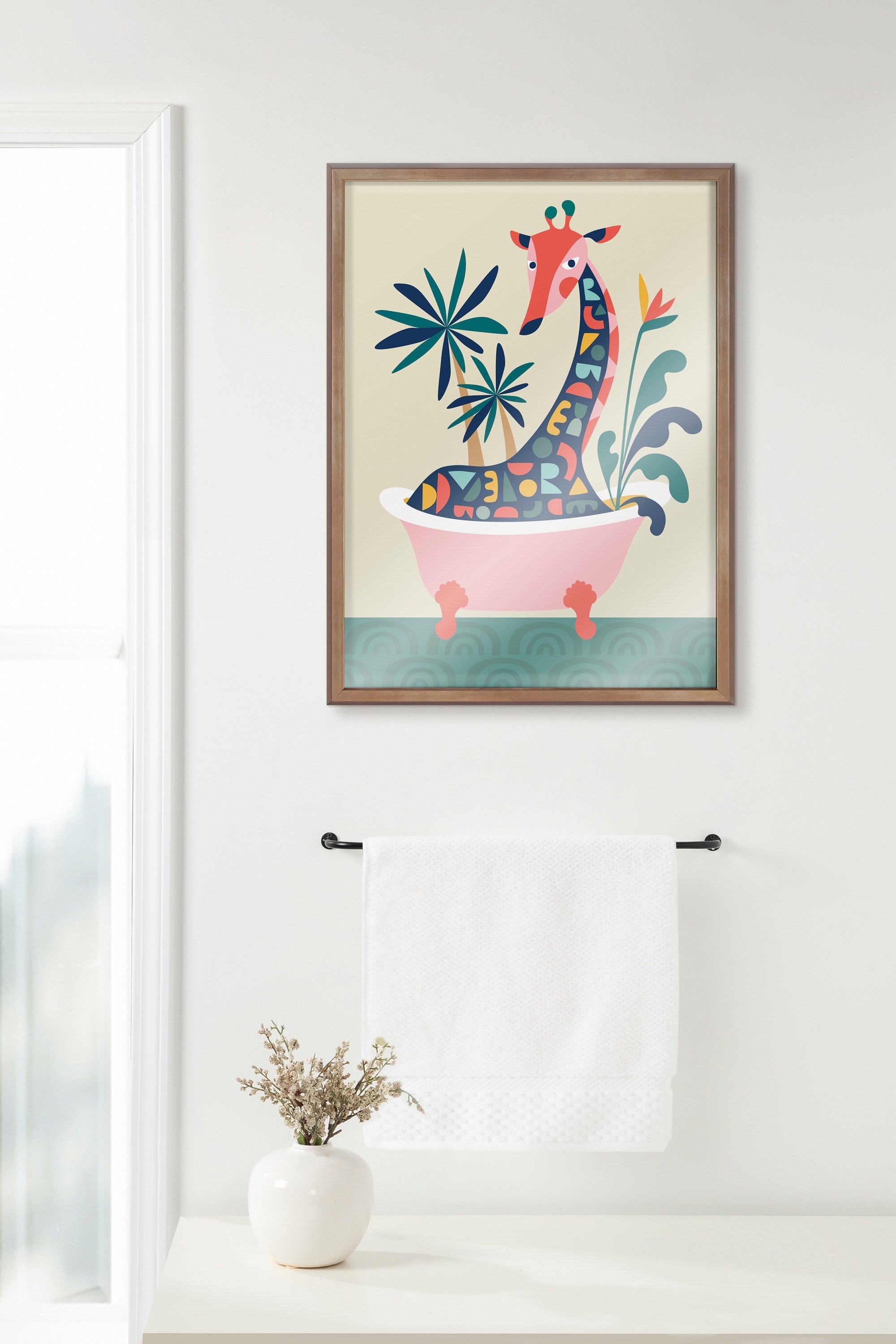 Blake Mid Century Modern Giraffe in Bathtub Framed Printed Glass by kateandlaurel - product image 4 for Resin Society