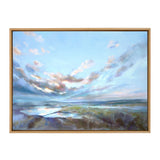 Framed canvas painting depicting a serene landscape with expansive cloudy sky over a reflective water body and muted earth tones below.