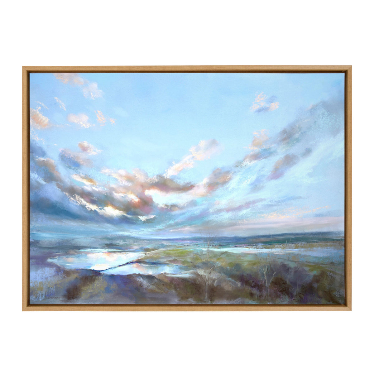 Framed canvas painting depicting a serene landscape with expansive cloudy sky over a reflective water body and muted earth tones below.