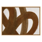 Abstract brown brushstrokes looping and overlapping on a white textured canvas, enclosed in a simple light wooden frame.