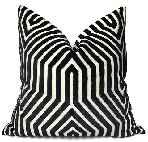 Vanderbilt Pillow Cover in noir black velvet on a sofa