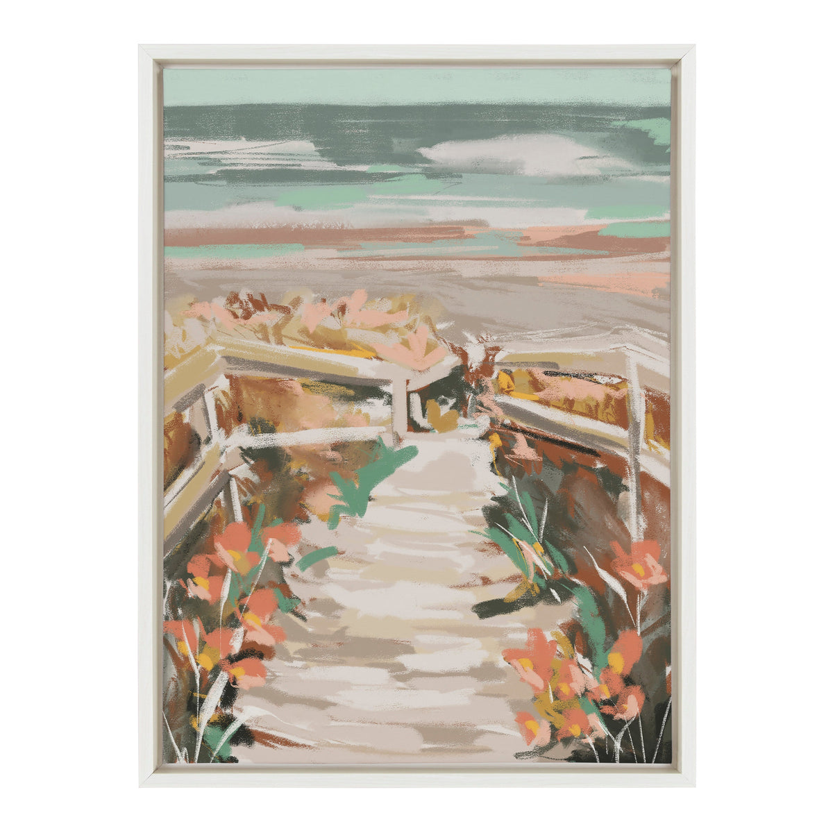 Painting of a beach pathway with wooden railings, surrounded by orange and green plants, under a sky with teal and gray clouds.