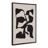 Abstract black distorted shapes on tan background, displayed on a vertically oriented rectangular canvas with a thin black frame, shown slightly angled.