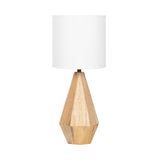 Table lamp with a faceted, light wood geometric base and a smooth, cylindrical white fabric lampshade on top