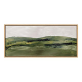 Abstract landscape painting with soft green and dark brushstrokes forming rolling hills under a pale gray sky in a thin wooden frame.