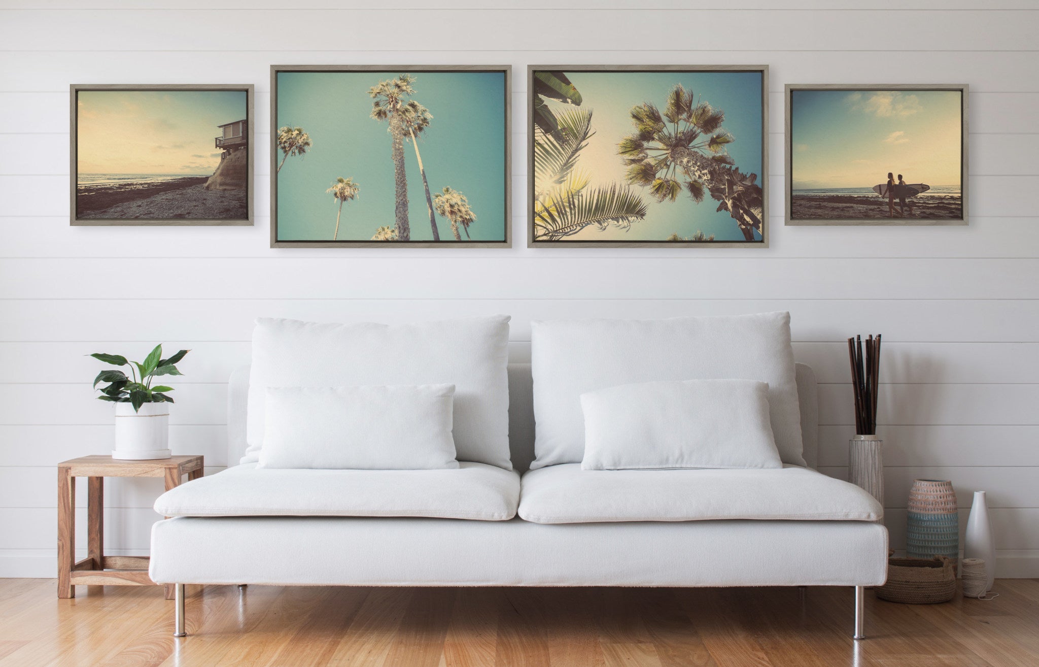 Sylvie House on Beach, Palm Trees in Lajolla, Palm Tree Sunburst and Surfers Framed Canvas Art Set