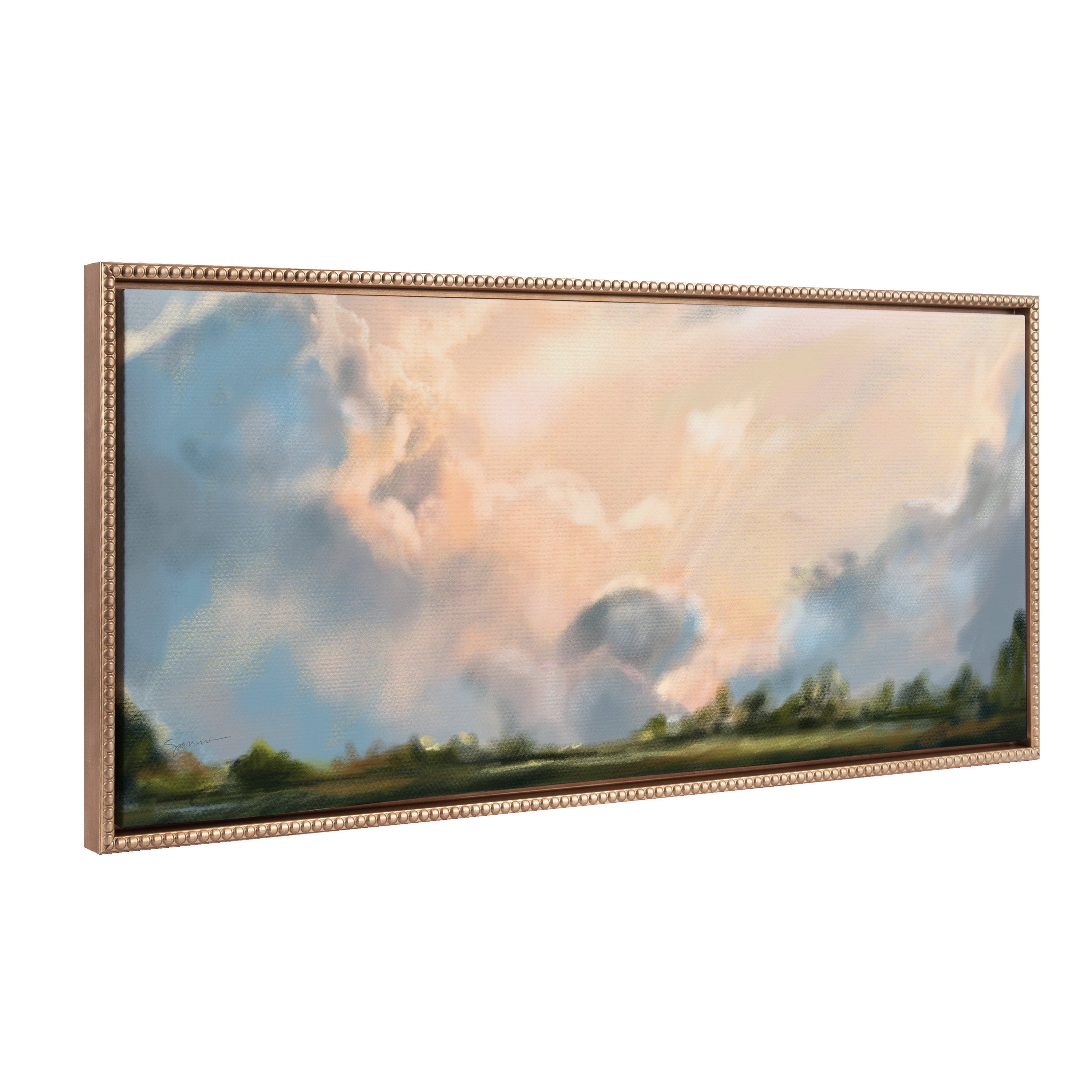 Sylvie Beaded Clouds framed canvas wall art showing soft clouds within a gold vintage beaded frame
