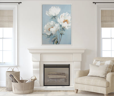 Sylvie Beaded White Peonies on Ocean Blue Framed Canvas by The Creative Bunch Studio