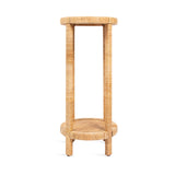 Tall, round side table with woven rattan construction featuring vertical open sides and a circular woven shelf above three short legs.