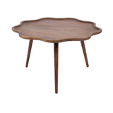 Wooden coffee table with a scalloped, flower-like top and three tapered legs in a warm brown finish, shown on a white background.