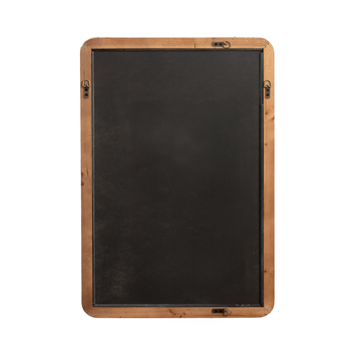 Rectangular mirror with black reflective surface framed by light, natural wood featuring rounded corners and visible metal hanging hardware on all sides