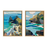 Two framed canvas artworks depicting stylized coastal scenes with rocky cliffs and blue-green ocean waves under partly cloudy skies.