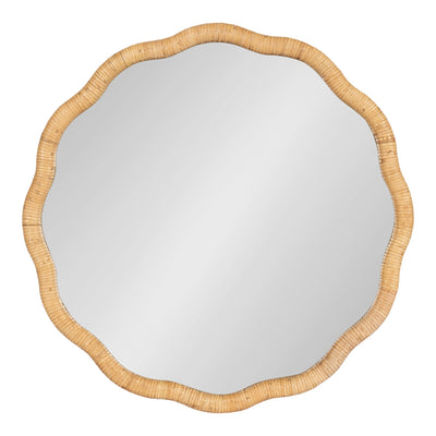 Rahfy Scallop Framed Wall Mirror with natural rattan scalloped frame hanging on a white wall