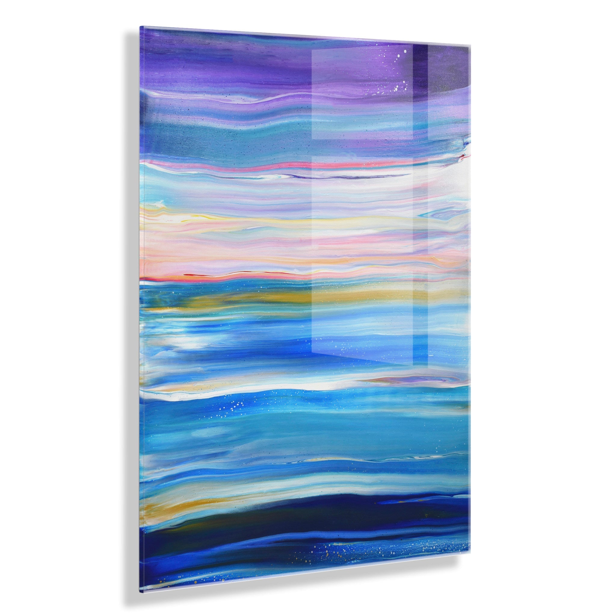Seaside Serenity Floating Acrylic Art by Xizhou Xie showing abstract coastal landscape in soft muted colors on acrylic plaque