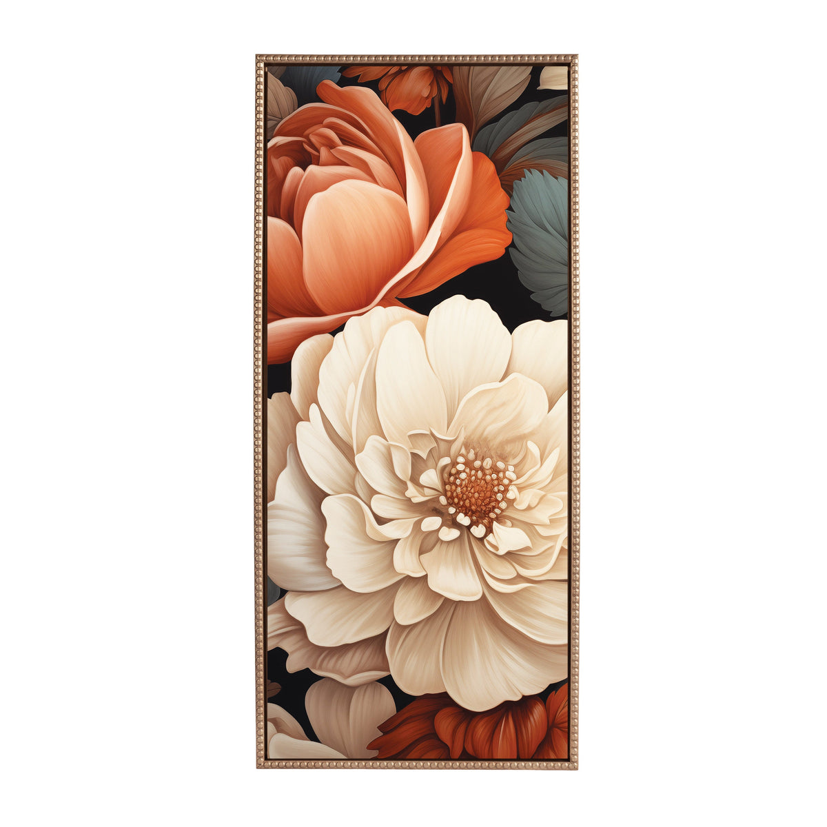 Vertical canvas with large ivory and peach floral blooms against dark leaves, framed with a beaded textured border