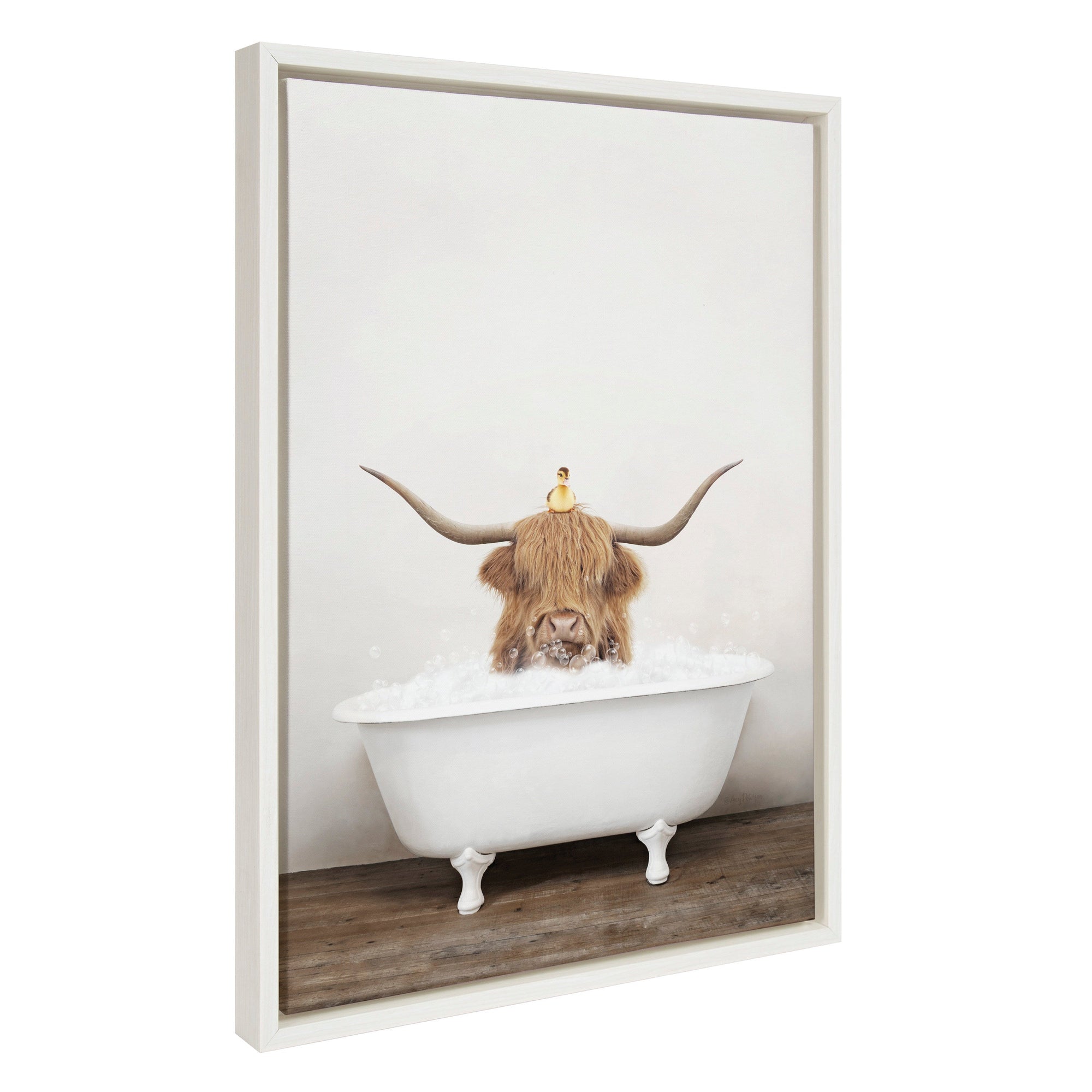 Sylvie Highland Cow and Duckling in Rustic Bath Framed Canvas by kateandlaurel - main product image for Resin Society