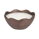 Brown metal candle bowl with scalloped edges filled with white wax and three centered wicks, shown on a white background.