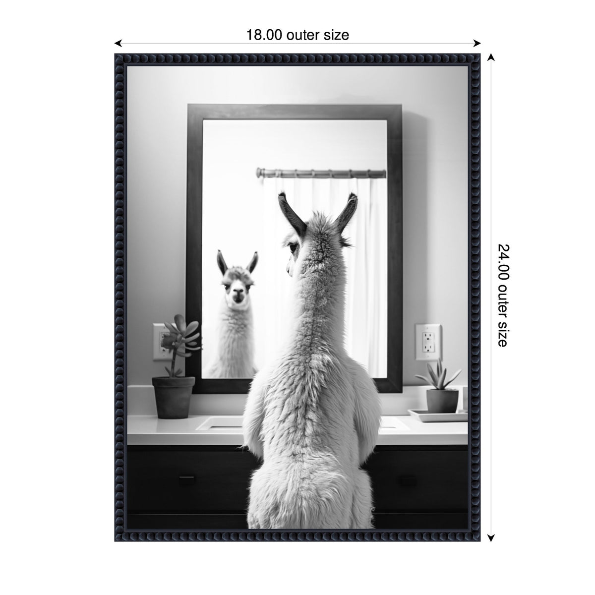Black and white photo of a llama seen from behind looking at its reflection in a bathroom mirror, with potted plants on the sink counter and a white curtain in the background.