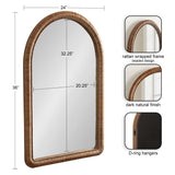 Tall arched mirror with a 24-inch wide and 36-inch high dark natural finish rattan wrapped frame featuring a beaded design and D-ring hangers on the back