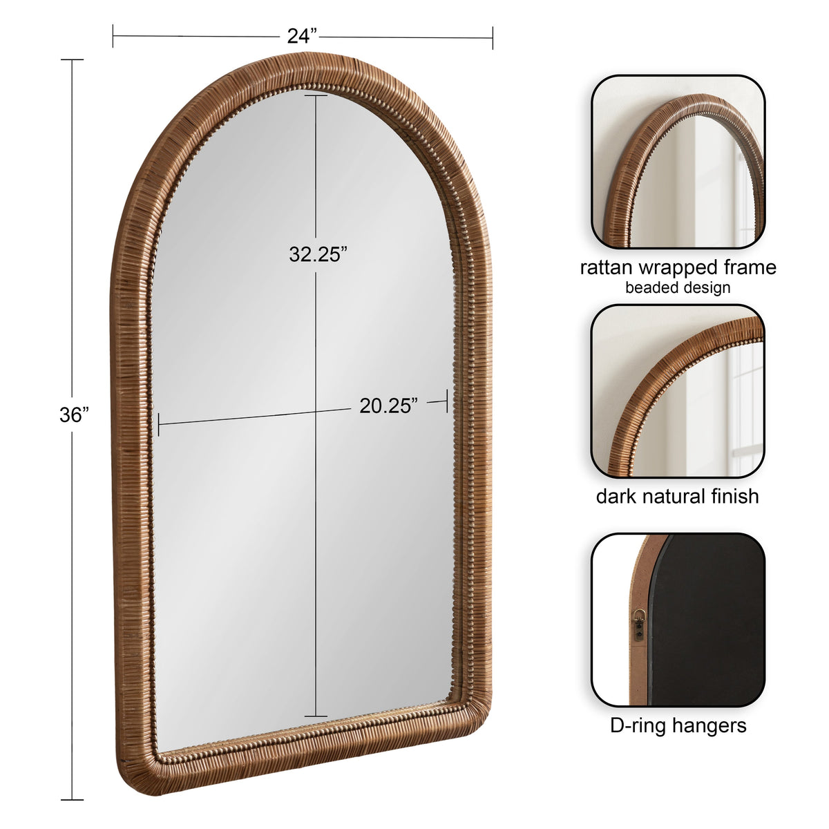 Tall arched mirror with a 24-inch wide and 36-inch high dark natural finish rattan wrapped frame featuring a beaded design and D-ring hangers on the back