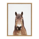 Portrait of a brown horse with a light mane and dark ears against a white background, framed in light wood with minimalistic style.