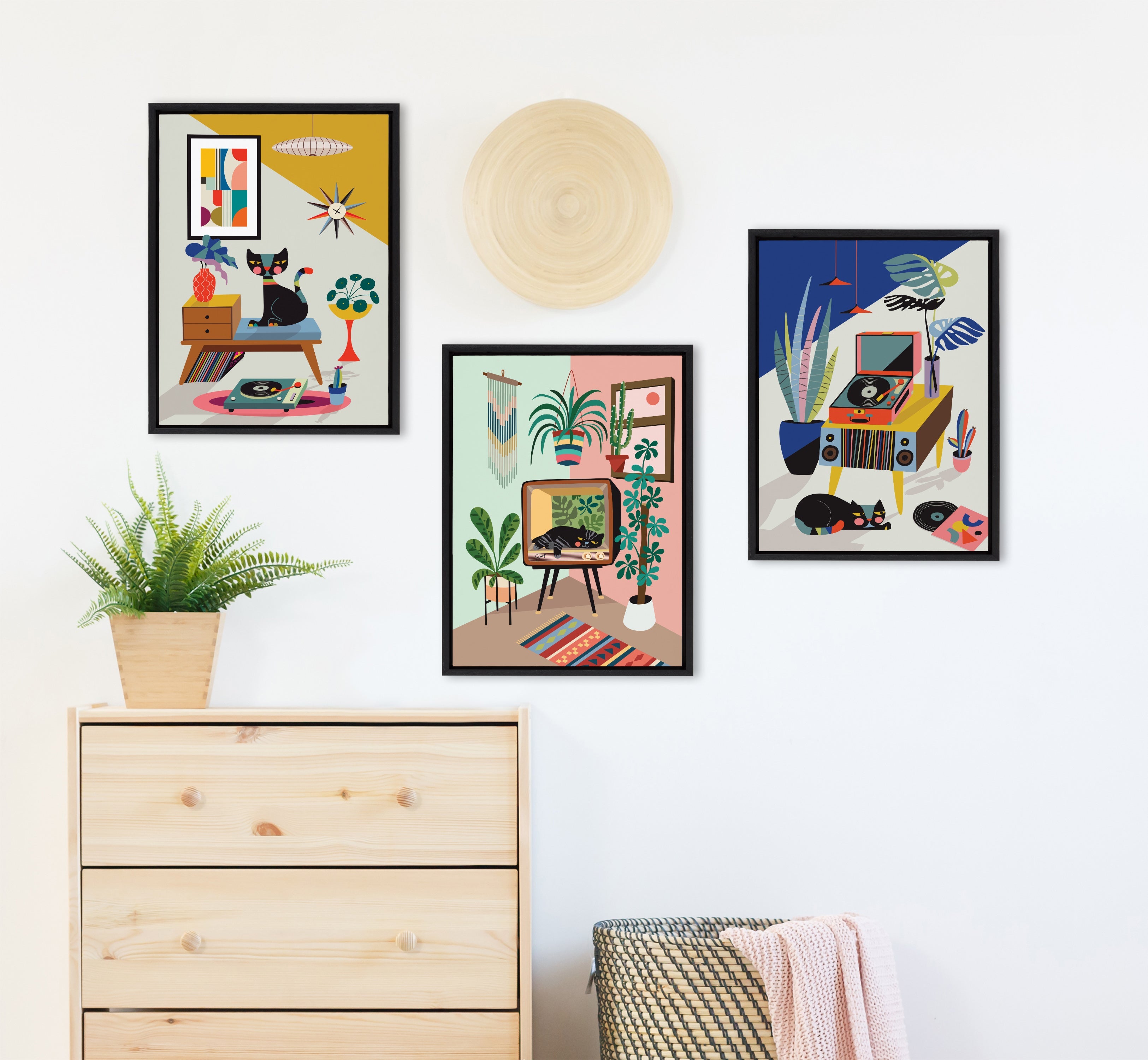 Sylvie Record Player, TV Cat Bed and Chill Out Saturday Framed Canvas Art Set by Rachel Lee of My Dream Wall