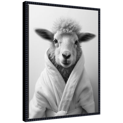 Sylvie Sheep Bathroom Art Towel Robe black and white framed canvas with sheep illustration