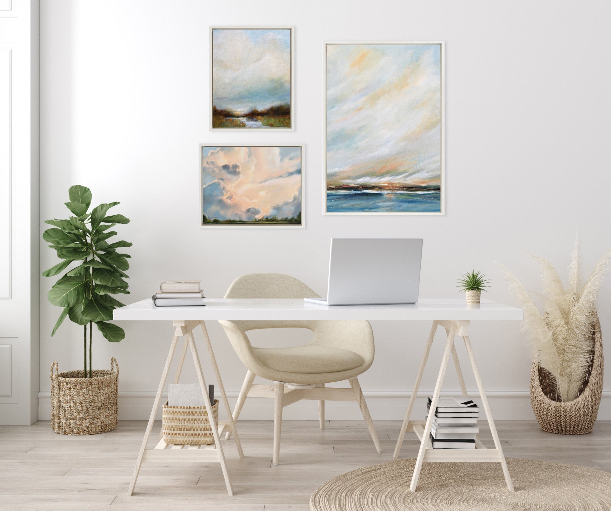 Sylvie Sunday Morning, Tranquility and Clouds Framed Canvas Art Set by Mary Sparrow