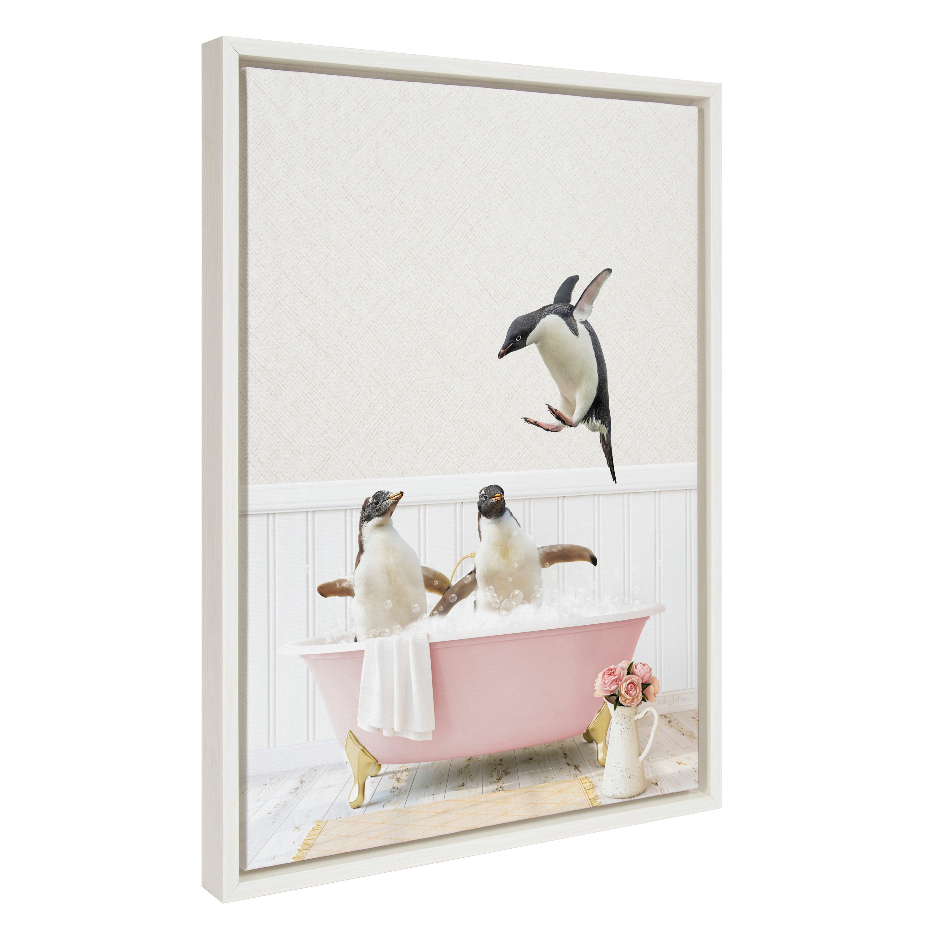 Sylvie Penguins Playing in Cottage Rose Bath Framed Canvas by kateandlaurel - product image 7 for Resin Society