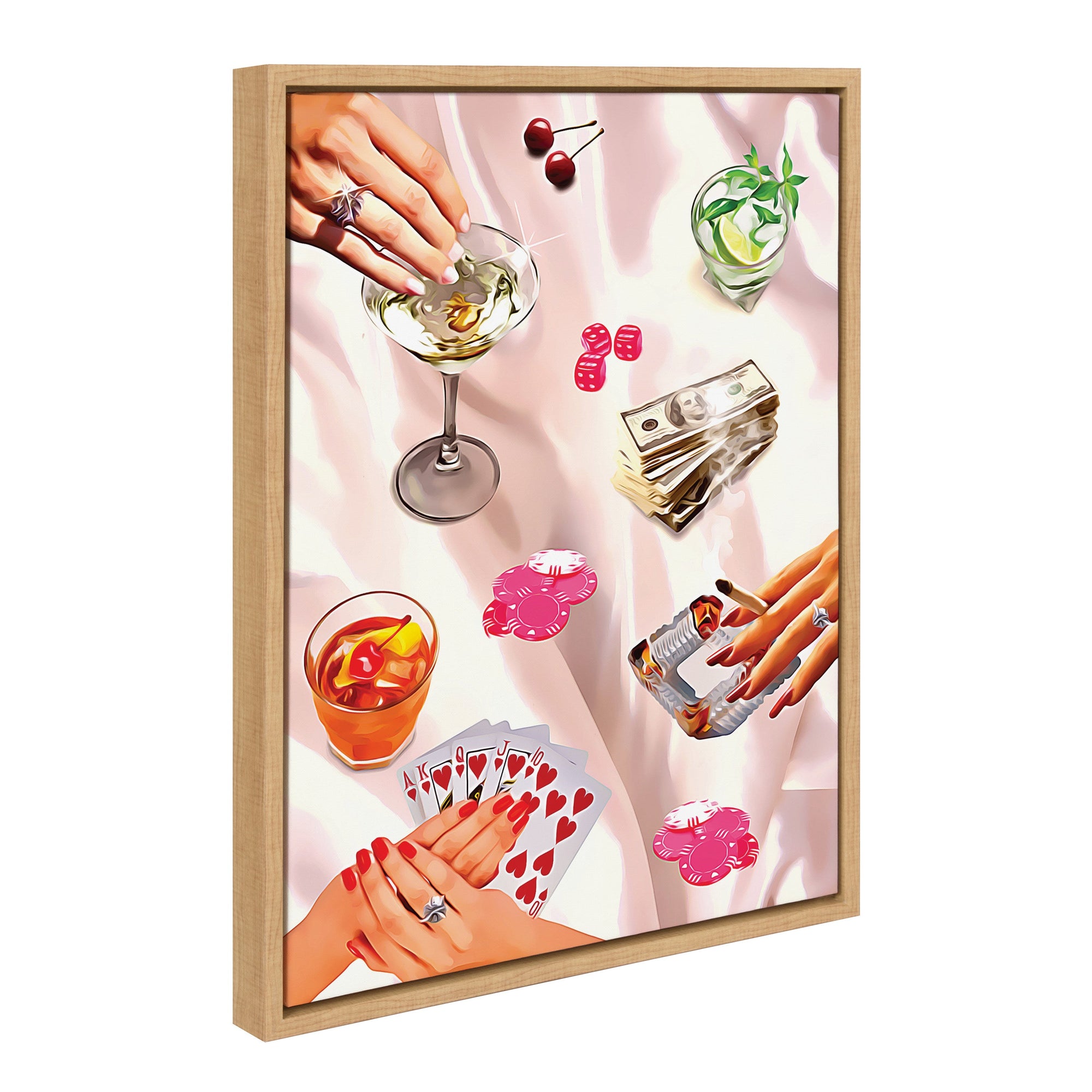 Framed canvas art with poker chips and cards in a modern poker theme by Honey Island Studio