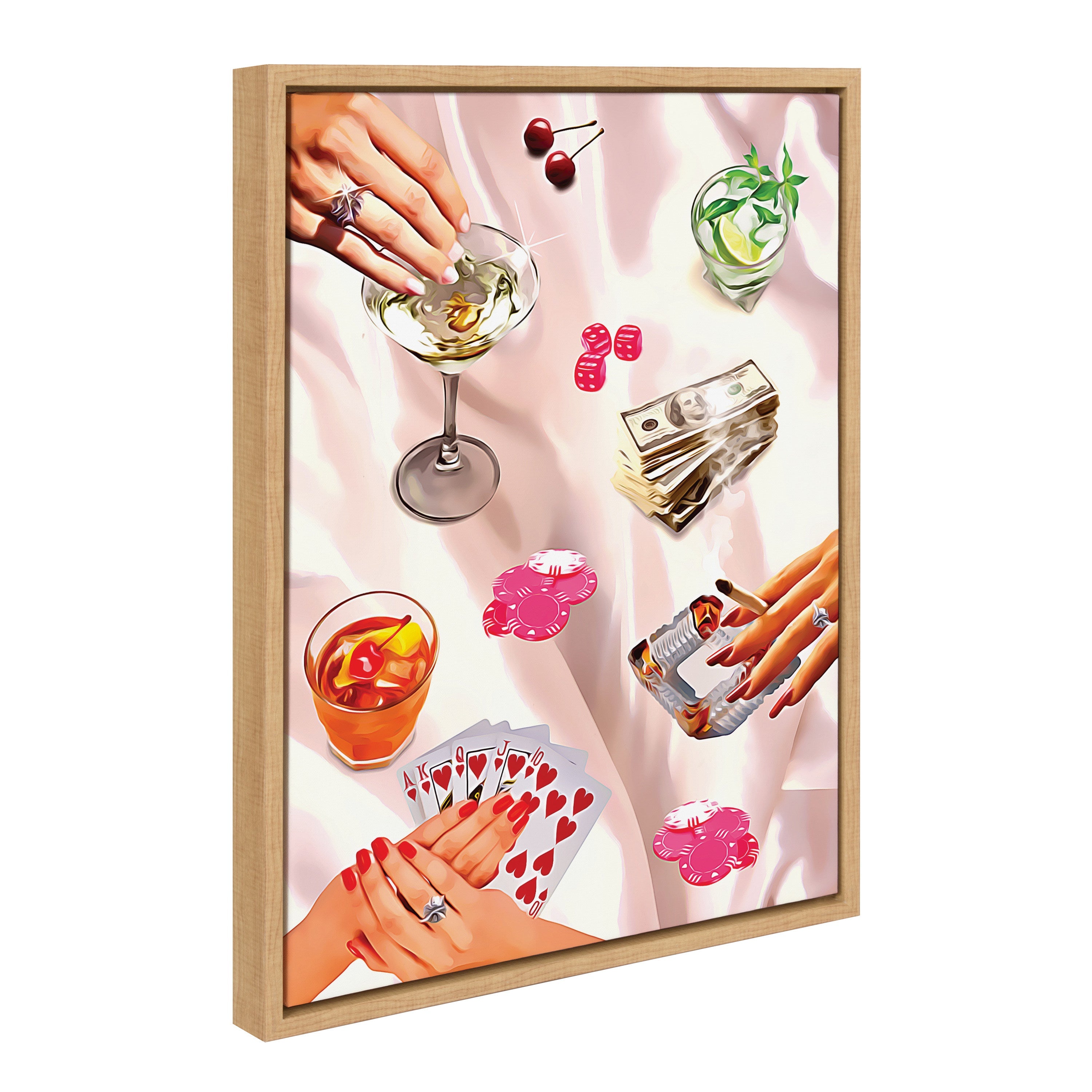 Framed canvas art with poker chips and cards in a modern poker theme by Honey Island Studio