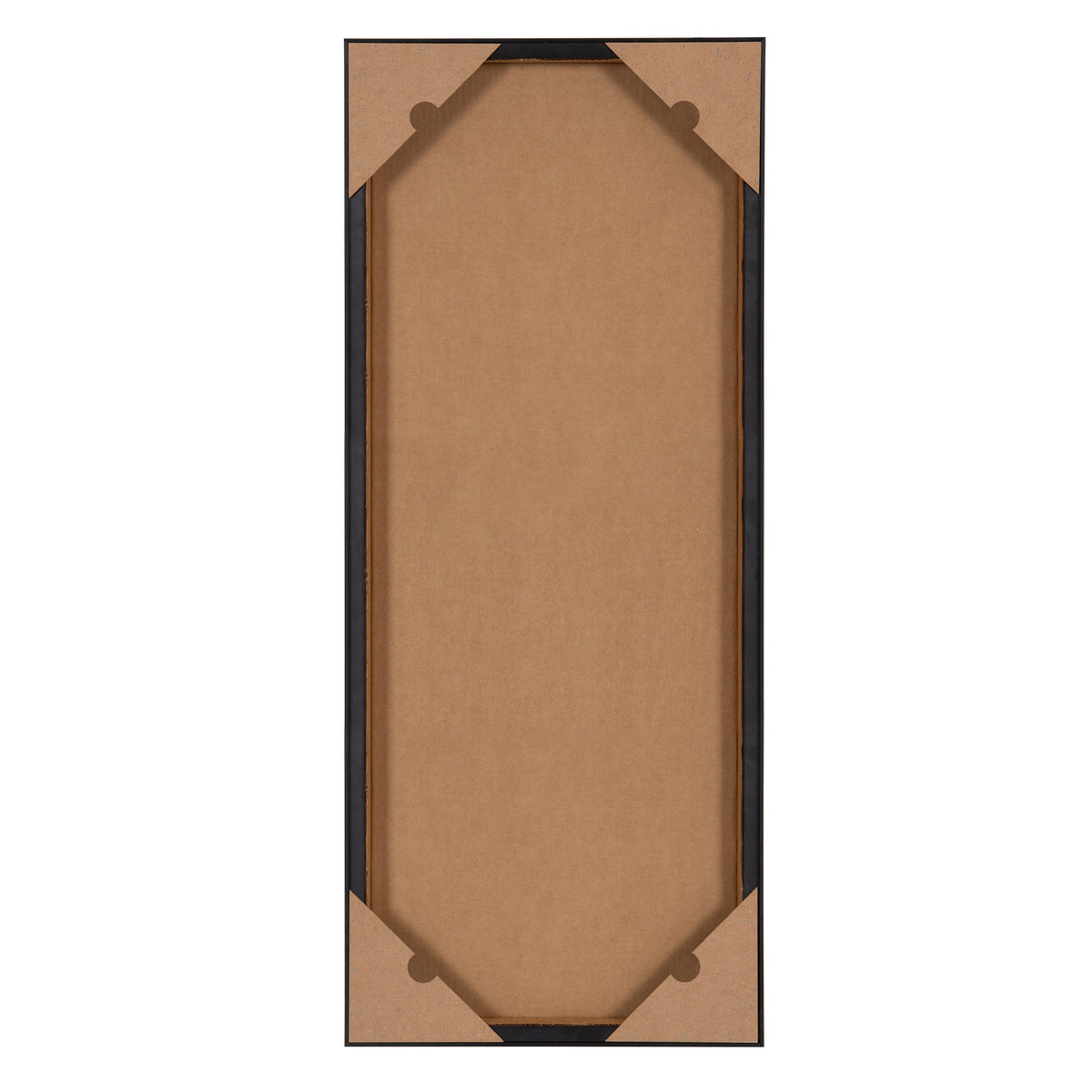 Rectangular canvas back with four protective cardboard corner covers on a black wooden frame, shown against a white background.