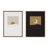 Two framed minimalist canvases side by side, the left showing a brown sun over wavy lines on a beige square with white background, the right a white crescent moon and star over wavy lines on a brown square with black background