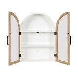 White wall cabinet with two open arched doors featuring natural wood frames and black handles, revealing an arched top and two interior shelves.