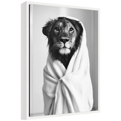 Black and white framed canvas art showing a Sylvie lioness illustration