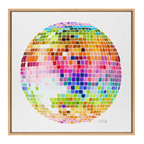 Framed canvas artwork depicting a round disco ball composed of colorful mosaic tiles in shades of pink, green, orange, and blue on a white background.