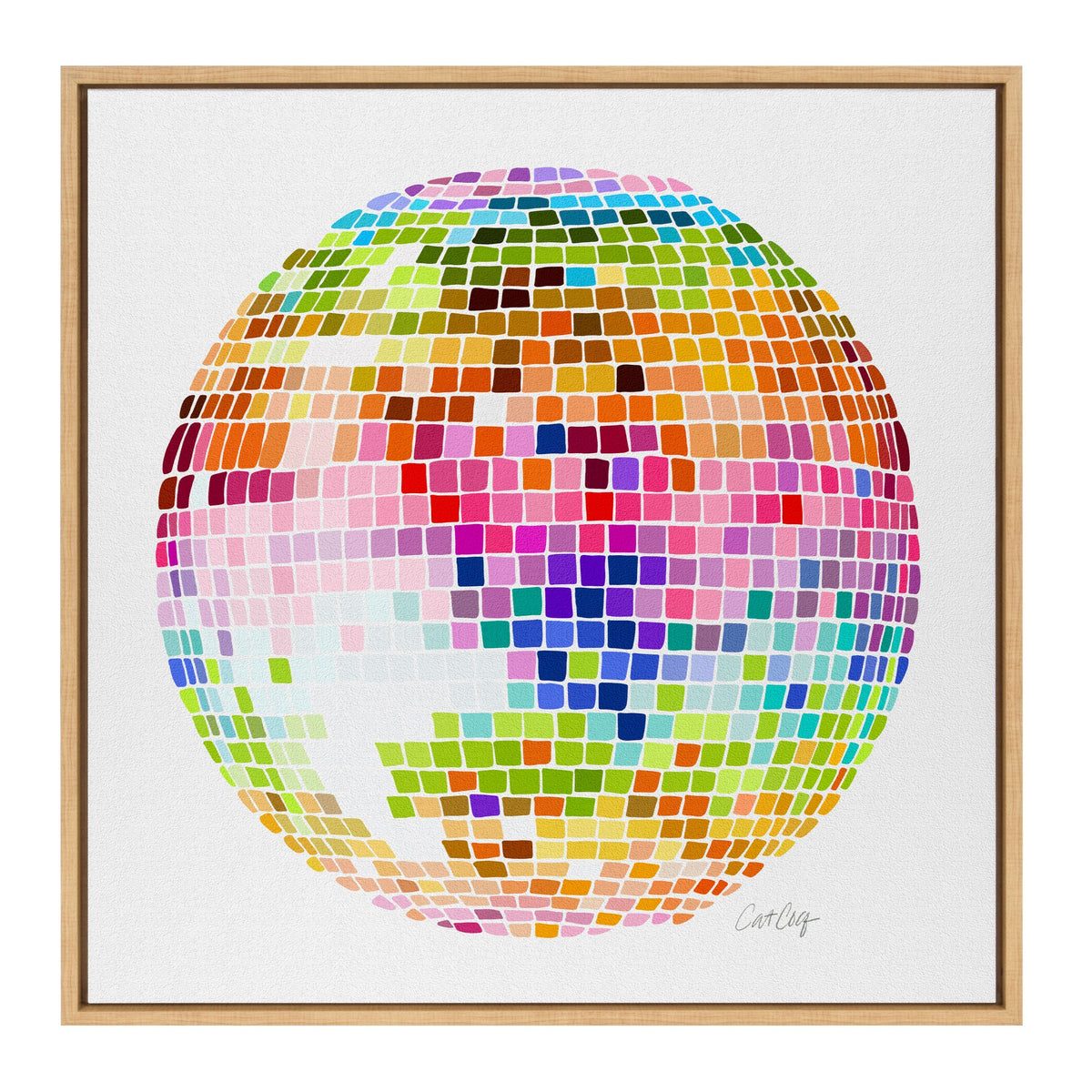 Framed canvas artwork depicting a round disco ball composed of colorful mosaic tiles in shades of pink, green, orange, and blue on a white background.