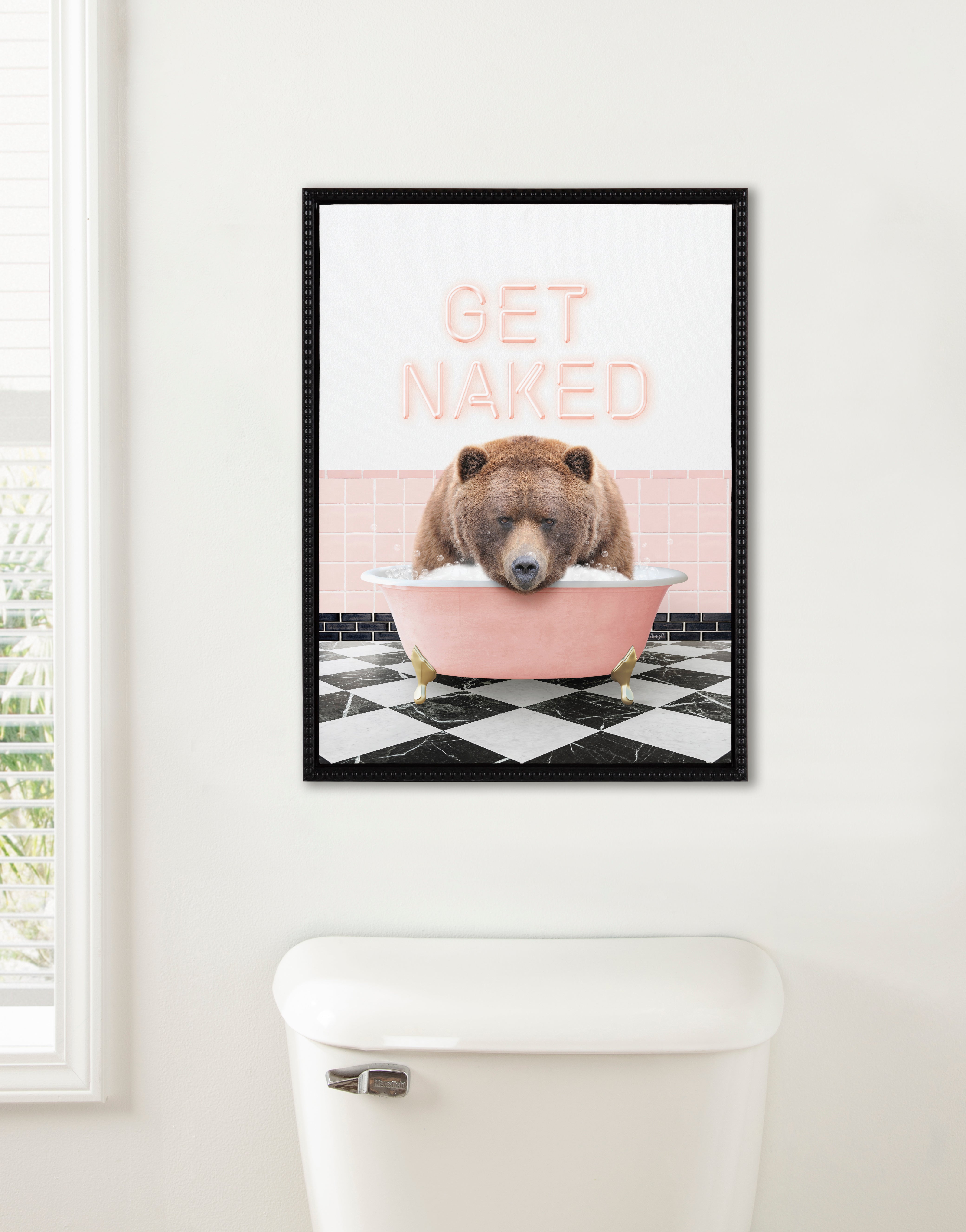 Sylvie Big Bear Retro Neon Sign Bath Framed Canvas by Amy Peterson