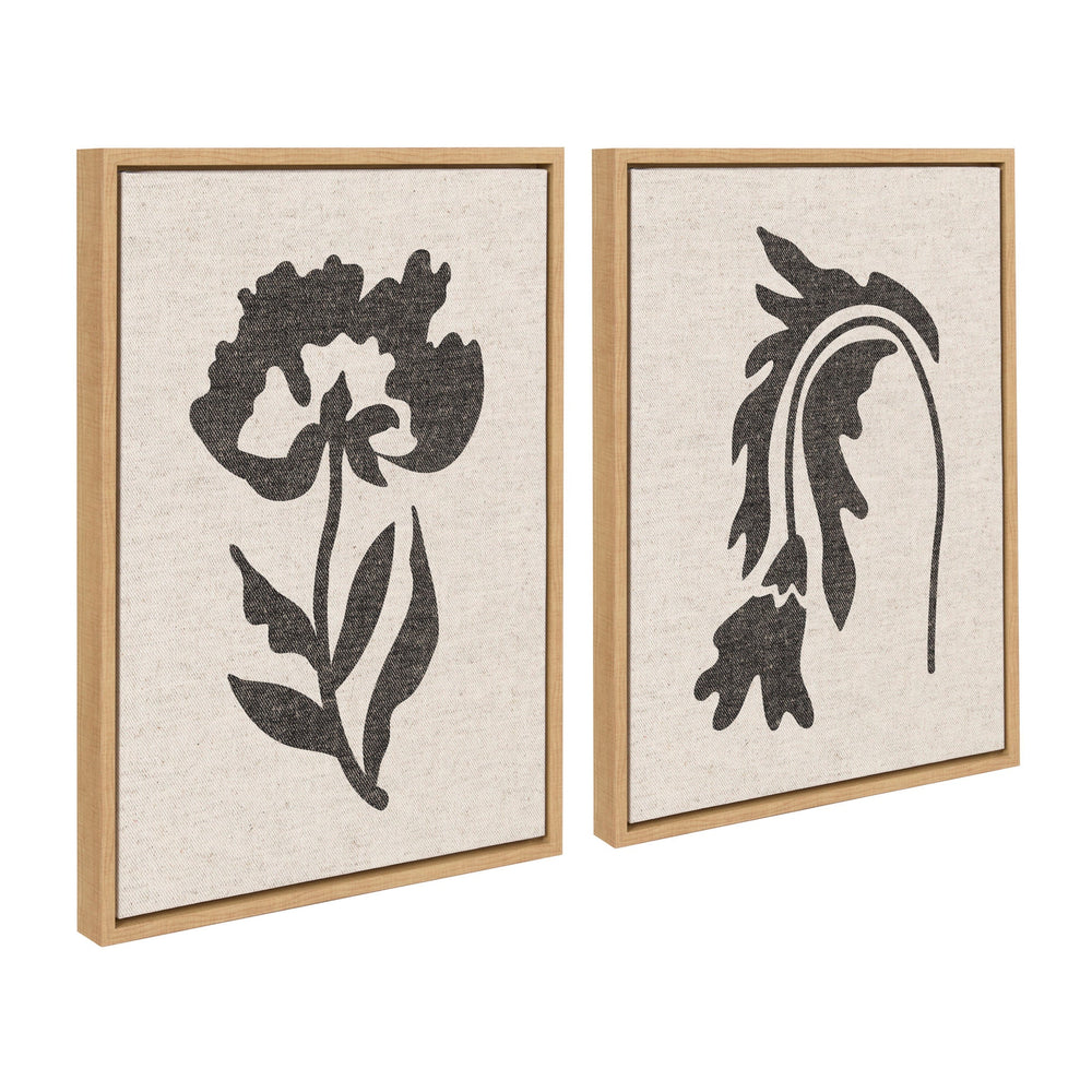 Sylvie Scandi Botanical 2 and 3 neutral textured linen framed canvas art set displayed on a wall