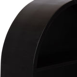 Close-up of a smooth black arch-shaped wall shelf with a horizontal divider inside the hollow arch space, shown against a neutral background.