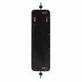 Reverse side of a tall, narrow Kasota metal framed mirror showing black backing with multiple gold and black hanging hardware attachments and rounded corners.