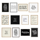 Thirteen framed typographic prints in black, white, and beige with varied motivational and nostalgic phrases arranged in a grid pattern on a white background.