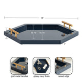 Glossy navy hexagonal tray with gold metal handles, featuring raised edges and dimensions marked on top view