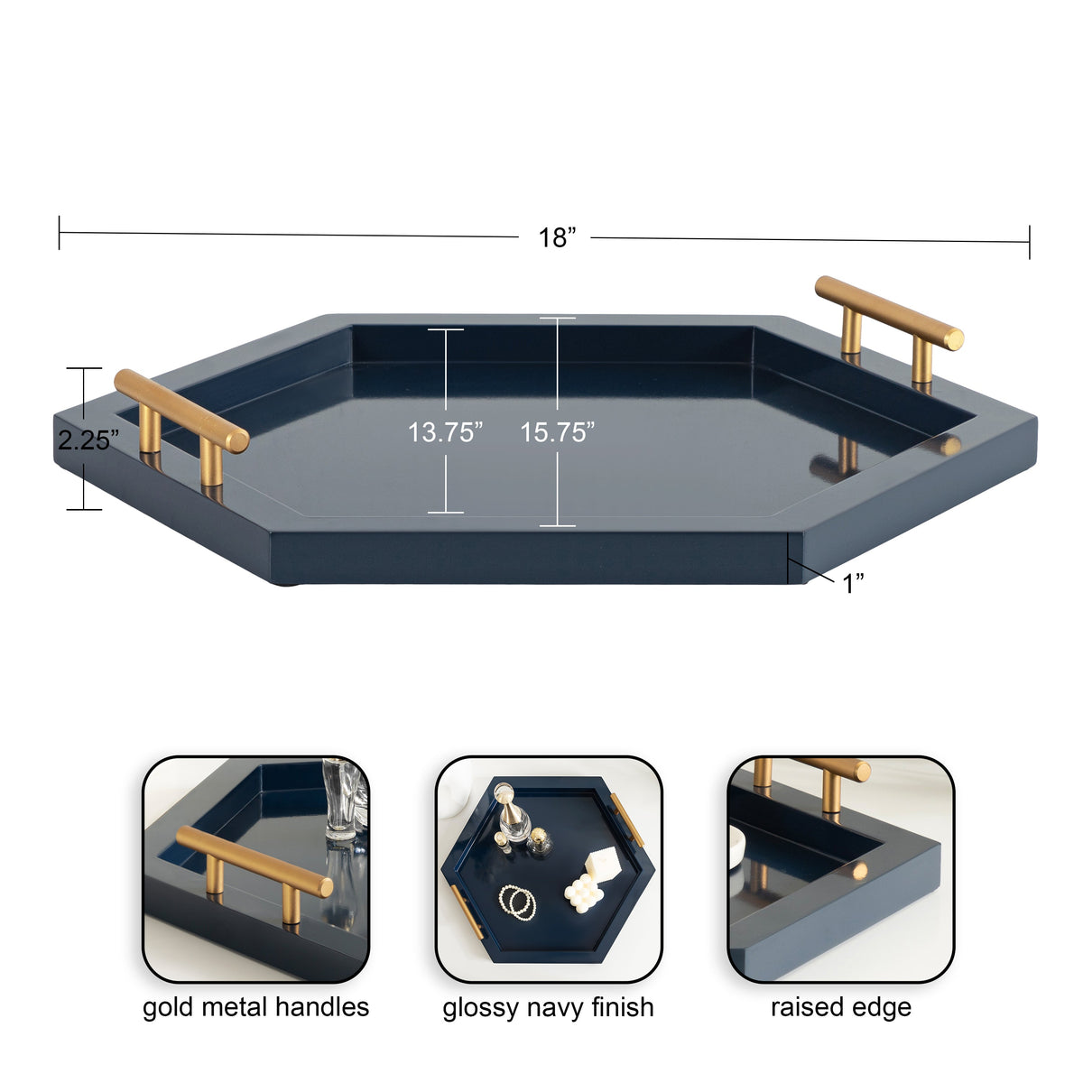 Glossy navy hexagonal tray with gold metal handles, featuring raised edges and dimensions marked on top view
