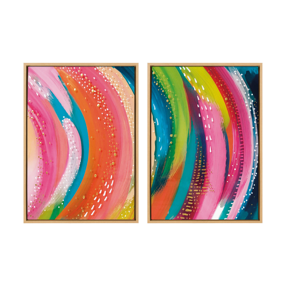 Sylvie Bright Abstract Left and Right Framed Canvas Art Set showing bright multicolor brushstrokes on two canvases with thin floating frames