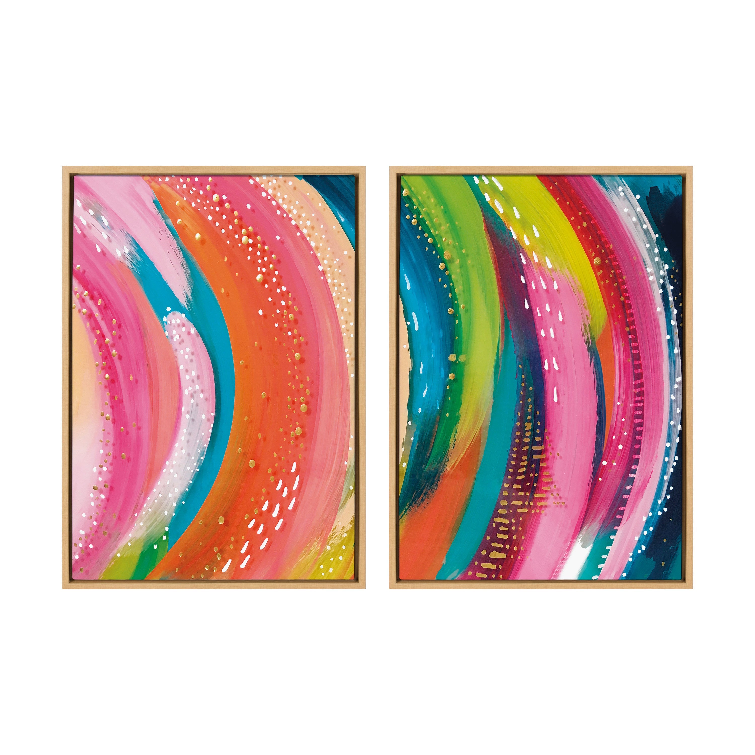 Sylvie Bright Abstract Left and Right Framed Canvas Art Set showing bright multicolor brushstrokes on two canvases with thin floating frames